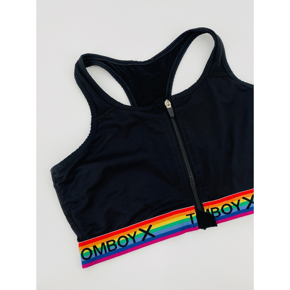 TomboyX Compression Top Women XL Black Rainbow Zip Front Racerback